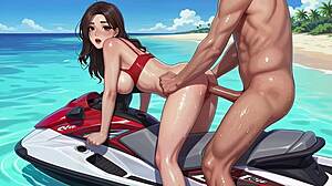 a beautiful korean comic woman on seaside motorboat in new ai style