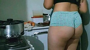 Bailey Quinn's athletic curvy ass and tight pussy workout in kitchen with juicy tits
