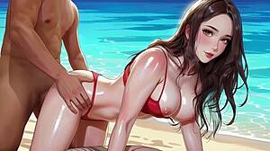 a beautiful korean comic woman on seaside motorboat in new ai style