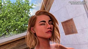 blonde milf step aunt's big boobs press against step nephew during public thigh job, he unloads on her pussy in dressing room