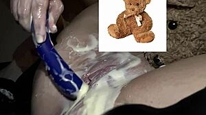 Kinky stepsister stuffs dripping pussy with dildo in yogurt food fetish ASMR.