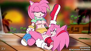 amy rose and amy grind wet pussies scissoring beachside as bunnies