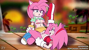 amy rose and amy grind wet pussies scissoring beachside as bunnies