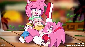 amy rose and amy grind wet pussies scissoring beachside as bunnies