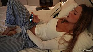 cute girl masturbates to orgasm on bed