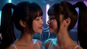 two asian lesbians kiss and tongue fetish ai animation