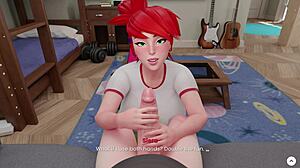 Slutty redhead step sister with a big fat ass in leggings gives blowjob to huge cock step brother and he cums in her mouth mansion days