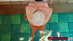 Big tits blonde mia licks frenulum in pool for big dick wet handjob and deepthroat mouth fuck.