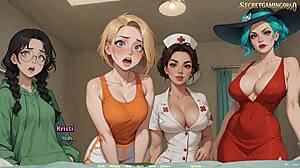 He gets a huge boner in front of four sexy girls from moonripple lake 07.