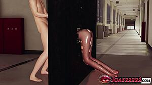 Hatomi strokes big cock through gloryhole in pantyhose