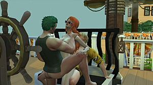 Nami threesome at going merry with robin blowjob and cum