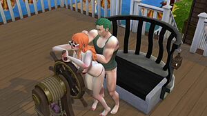 Nami threesome at going merry with robin blowjob and cum