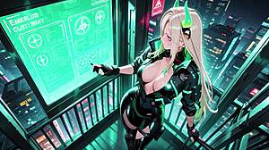 neon rain night blonde agent in wet leather crouching low holographic glow can you handle this cyberpunk fantasy