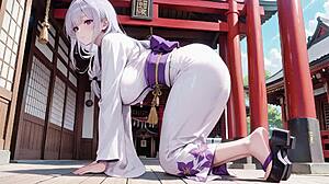silver haired miko kneels in half unbuttoned kimono