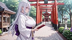 silver haired miko kneels in half unbuttoned kimono