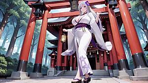silver haired miko kneels in half unbuttoned kimono