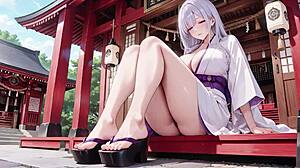 silver haired miko kneels in half unbuttoned kimono
