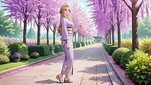 Ai blonde kneeling barefoot under red torii gate deep gaze