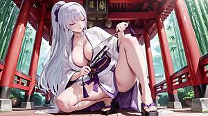 silver haired miko kneels in half unbuttoned kimono