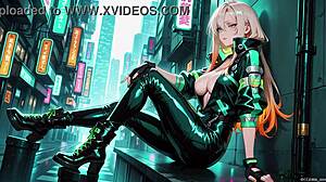 neon rain night blonde agent in wet leather crouching low holographic glow can you handle this cyberpunk fantasy