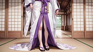 silver haired miko kneels in half unbuttoned kimono