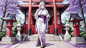 silver haired miko kneels in half unbuttoned kimono
