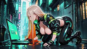 neon rain night blonde agent in wet leather crouching low holographic glow can you handle this cyberpunk fantasy