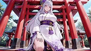 silver haired miko kneels in half unbuttoned kimono