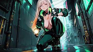 neon rain night blonde agent in wet leather crouching low holographic glow can you handle this cyberpunk fantasy