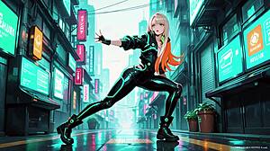 neon rain night blonde agent in wet leather crouching low holographic glow can you handle this cyberpunk fantasy