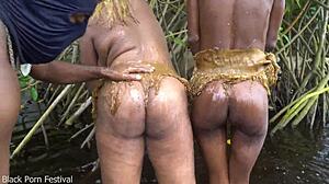 Lucky villager fucks skinny busty ebony outdoors