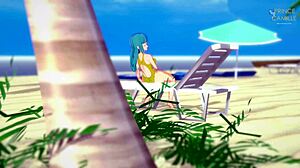 anime girl in yellow swimsuit masturbates on the beach