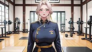 Blonde samurai in deep blue do-over kneeling in the japanese corridor high slit showing off her tender ass she holds a katana but eyes are lost who can handle this contrast