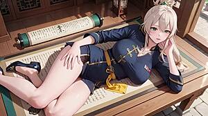 Blonde samurai in deep blue do-over kneeling in the japanese corridor high slit showing off her tender ass she holds a katana but eyes are lost who can handle this contrast