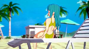 anime girl in yellow swimsuit masturbates on the beach