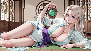 White kimono maid kneels wet in japanese corridor