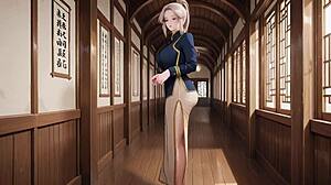 Blonde samurai in deep blue do-over kneeling in the japanese corridor high slit showing off her tender ass she holds a katana but eyes are lost who can handle this contrast