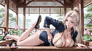 Blonde samurai in deep blue do-over kneeling in the japanese corridor high slit showing off her tender ass she holds a katana but eyes are lost who can handle this contrast