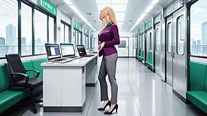 Blonde Boss Adjusts Skirt While Multitasking