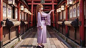 ai red haired kimono goddess kneeling under torii gate adjusts soaked outfit