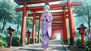 Purple kimono goddess cant handle the wetness under the red torii gate