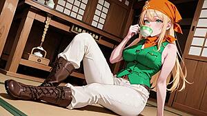 blonde pirate captain green uniform languid poses long legs exposed