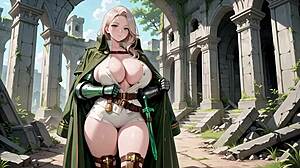 Blonde knight in green uniform daydreams