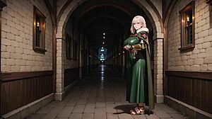 Blonde knight in green uniform daydreams