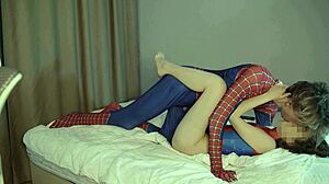 Spider man cosplay parody in bedroom