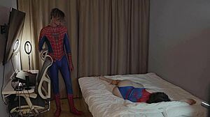 Spider man cosplay parody in bedroom