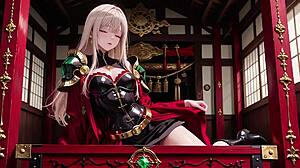 ai generated forbidden fantasy in red blonde knight lounges seductively while her silver haired partner kneels to serve