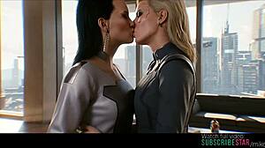 Elizabeth and meredith share lesbian kisses in cyberpunk