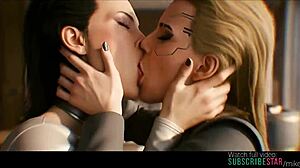 Elizabeth and meredith share lesbian kisses in cyberpunk