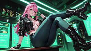 Ai Generated Pink Haired Leather Tech In Neon Corridor